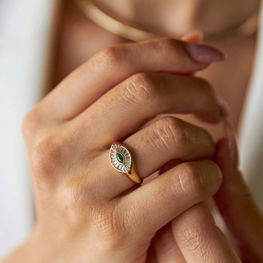 Baguette Green Marquise Ring