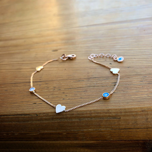 Chain Bracelet with Heart and Evil Eye Figure