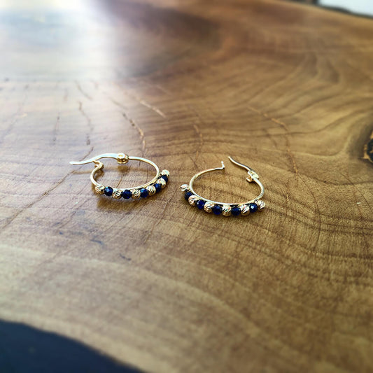 Blue Stone and Dorica Ball Hoop Earrings