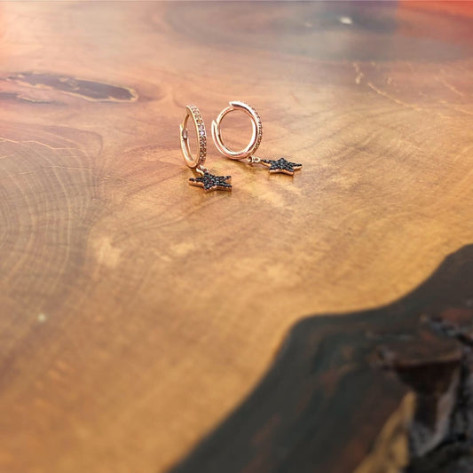 Black Zircon Stone Star Hoop Earrings