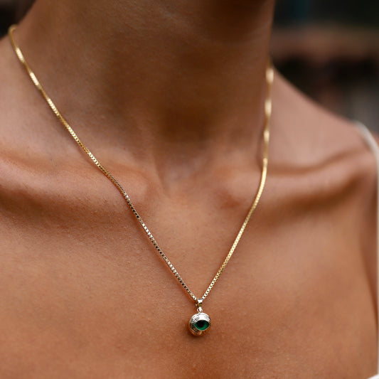 Retro Green Eye Necklace with Cube Chain