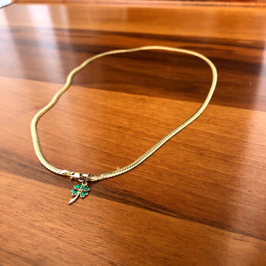 Thin Snake Chain, Green Enamel Clover Detail